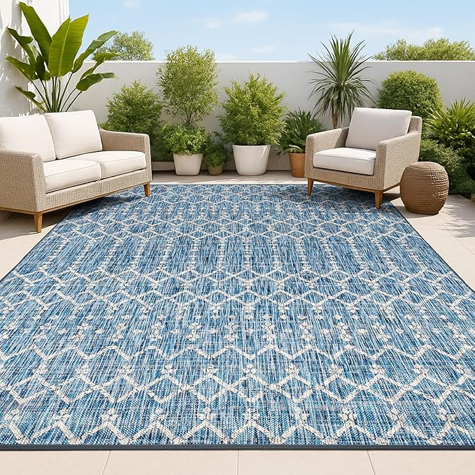 JONATHAN Y Moroccan Geometric Indoor Outdoor Area Rug 9X12 Navy/Light Gray, Ourika Textured Weave... | Amazon (US)