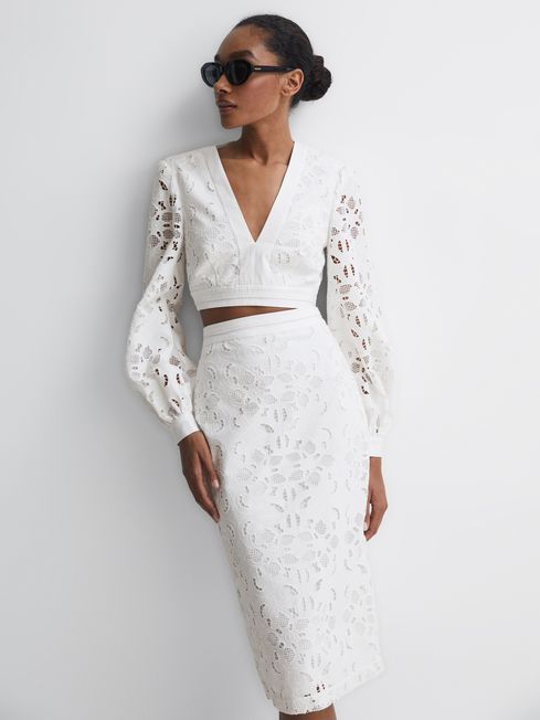 Reiss White Immi Lace Co-ord Pencil Skirt | Reiss US