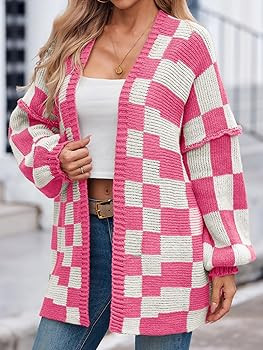Saodimallsu Womens Checkered Oversized Cardigan Sweaters Color Block Chunky Open Front Lantern Sl... | Amazon (US)