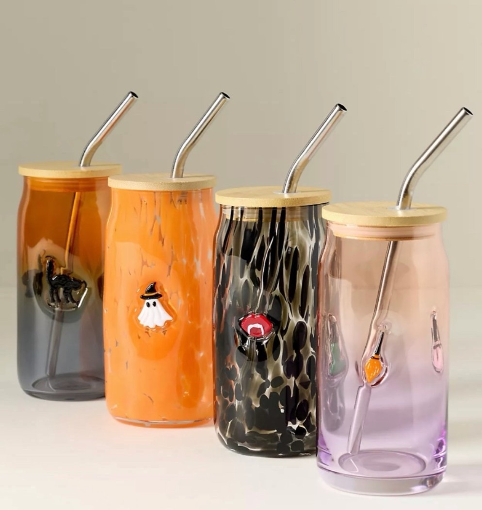 Halloween anthro glasses!!!! With a lid and straw, I love these to take my coffee or greens on the go! Just like the icon juice glasses but larger. An insane price!! Grab for a gift, this is perfect!!! #juiceglass #kitchen #cups #anthropologie

#LTKHome