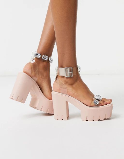 ASOS DESIGN Naught chunky clear embellished heeled sandals | ASOS (Global)