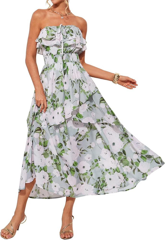 GRACE KARIN Women's Summer Floral Maxi Dress Off The Shoulder Halter Sleeveless Ruffle A-Line Wed... | Amazon (US)