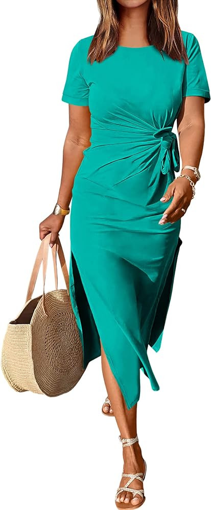 ANRABESS Women's 2025 Summer Maxi Tshirt Dress Short Sleeve Crewneck Tie Waist Casual Slim Fit Sl... | Amazon (US)