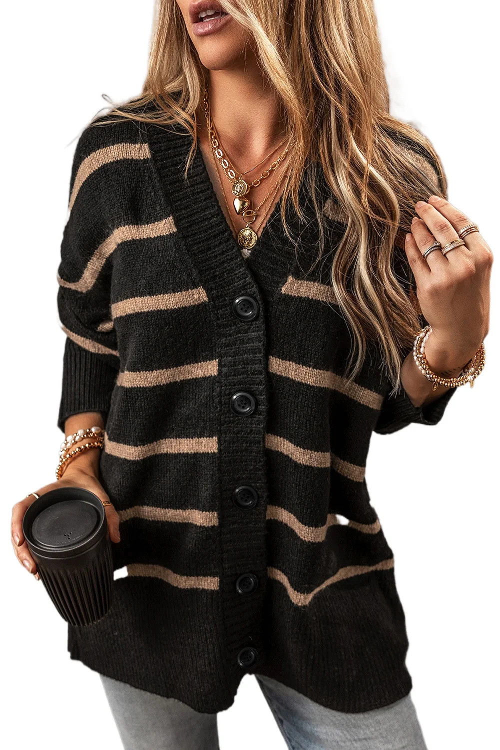 Women's Loose Fit Black Stripe V Neck Buttoned Drop Shoulder Cardigan | [ZhiHiMeRi] | (US 20-22)2XL - Walmart.com | Walmart (US)