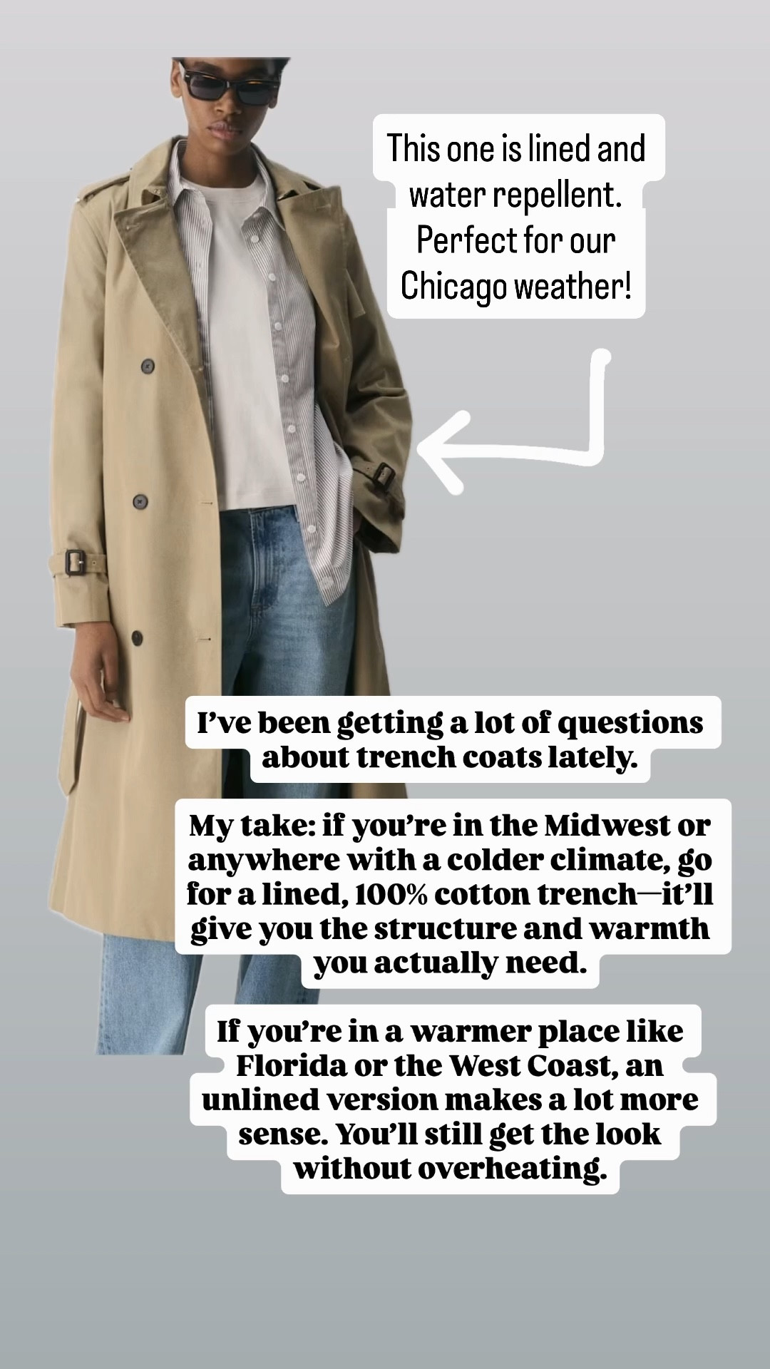 I’ve been getting a lot of questions about trench coats lately.

My take: if you’re in the Midwest or anywhere with a colder climate, go for a lined, 100% cotton trench—it’ll give you the structure and warmth you actually need.

If you’re in a warmer place like Florida or the West Coast, an unlined version makes a lot more sense. You’ll still get the look without overheating.

#LTKootd #LTKSeasonal