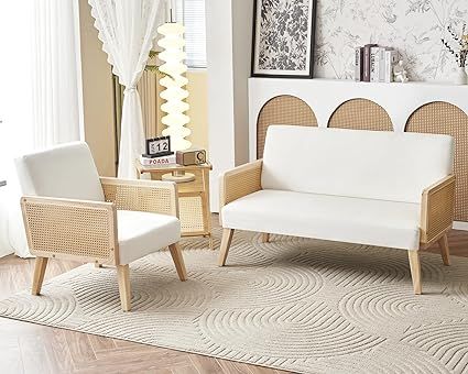 Rattan Sofa, 2 Piece Sofa Couch Set- Sofa Chair for Living Room with Rattan Armrest, Loveseat Sof... | Amazon (US)