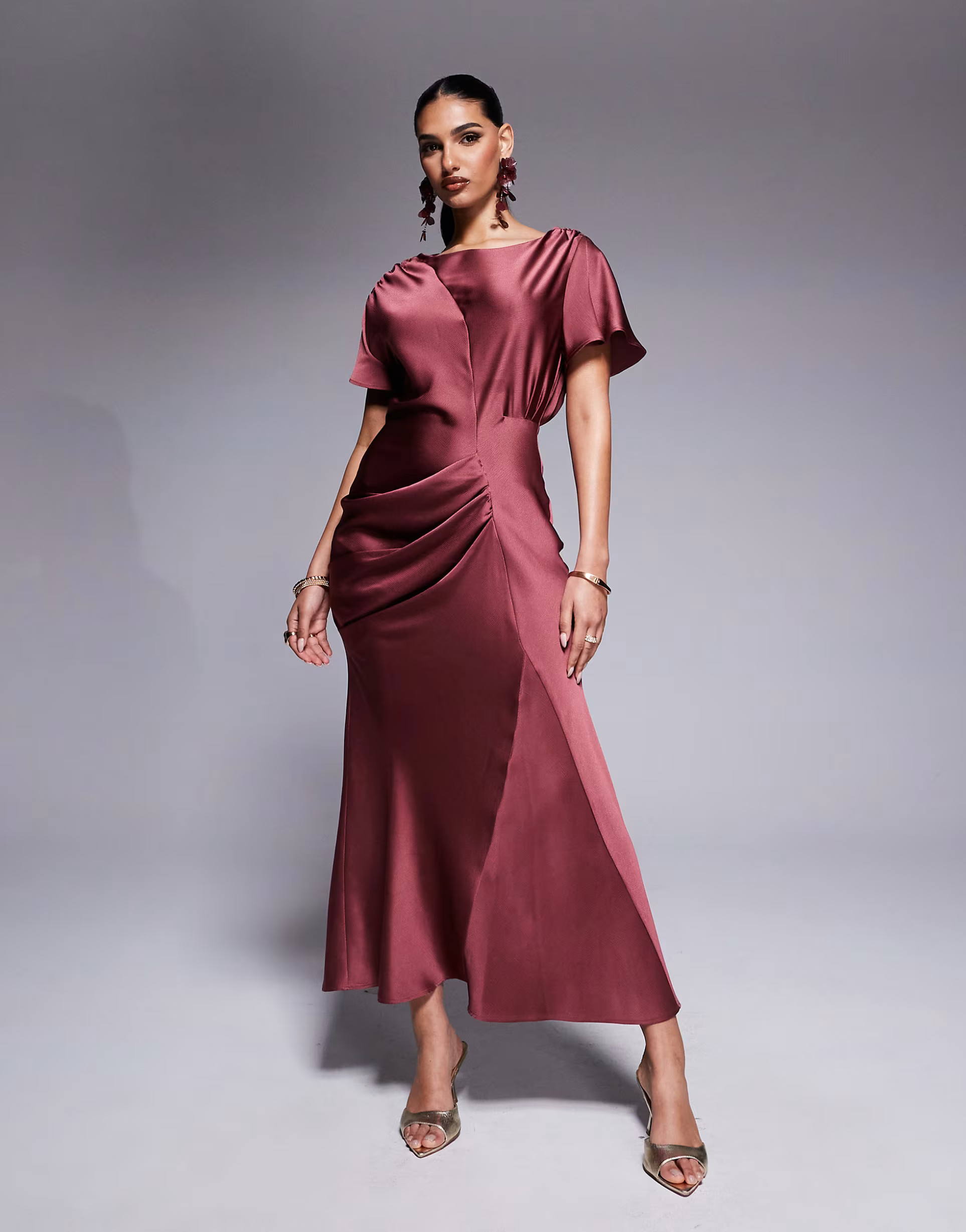 ASOS DESIGN satin flutter sleeve maxi dress in washed burgundy | ASOS | ASOS (Global)