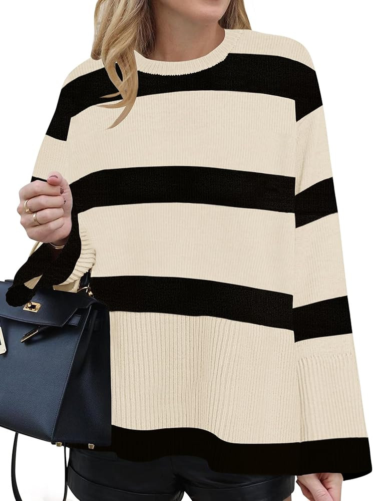 ZESICA Women's 2024 Fall Winter Striped Sweaters Long Sleeve Crew Neck Ribbed Knit Side Slit Over... | Amazon (US)