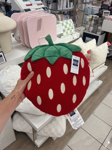 How cute is this strawberry pillow?! Harper’s next big girl room theme! 🍓 on sale now!