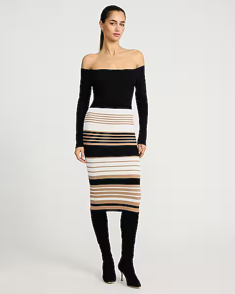 Striped Off The Shoulder Long Sleeve Midi Sweater Dress | Express