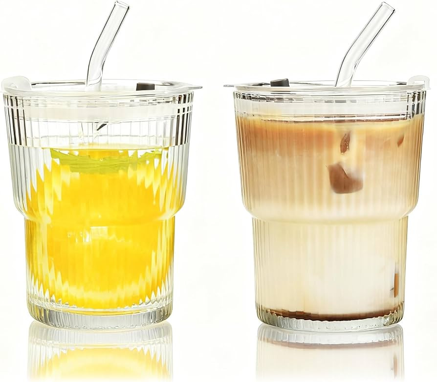 Haundry 14 oz Ribbed Glass cups with Lids and Straws, 2 Pack Iced Coffee Cups, Thickened Glasswar... | Amazon (US)