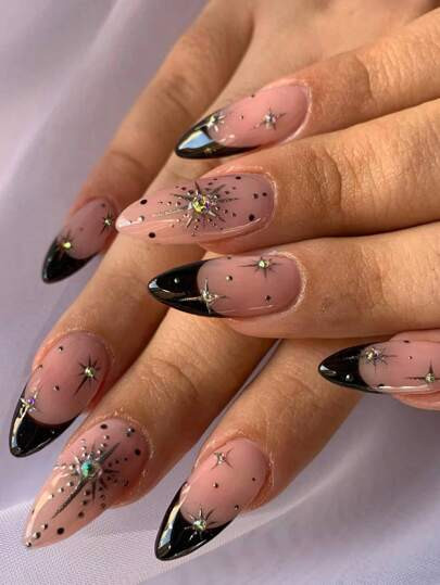 24 Pezzi Unghie Finte a Mandorla 3D con Strass e Glitter, Punta Francese Nera, Misura Media, Adat... | SHEIN