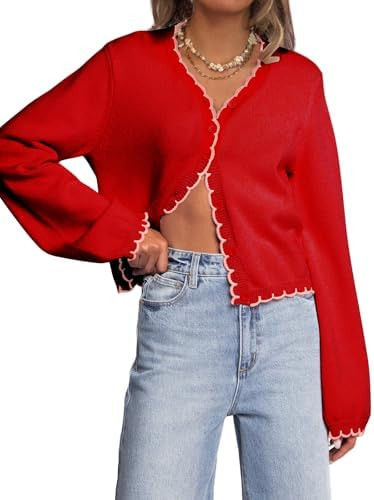 Women Long Sleeve Cardigan Button Down Knit Jackets Open Front Cropped Contrast Color Trim Sweate... | Amazon (US)