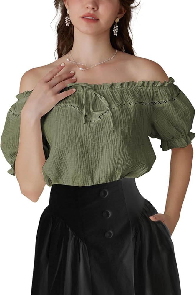 SCARLET DARKNESS Peasant Blouse for Women Off Shoulder Puff Sleeve Cotton Loose Summer Tops | Amazon (US)