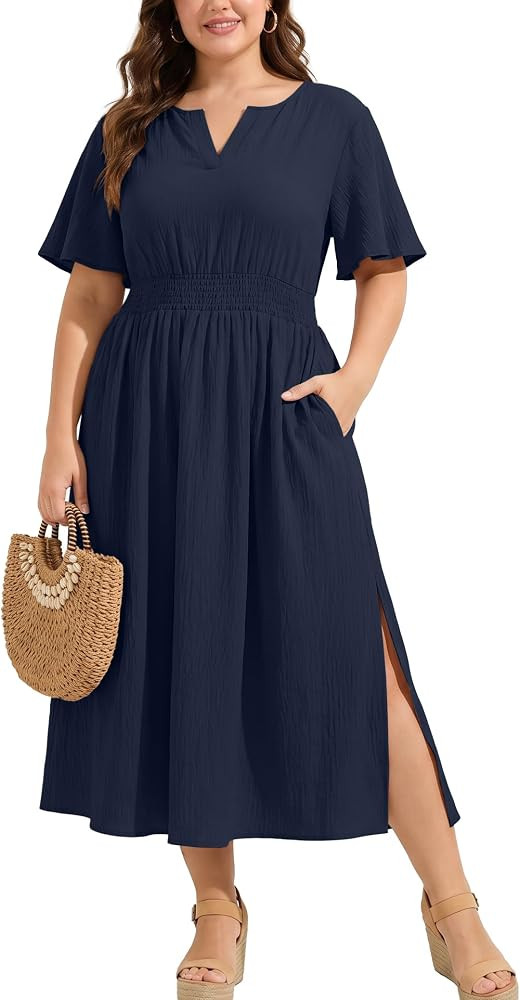 OLRIK Plus Size Summer Dress, V-Neck Smocked Maxi Dress with Pockets     Flutter Sleeves | Empire... | Amazon (US)