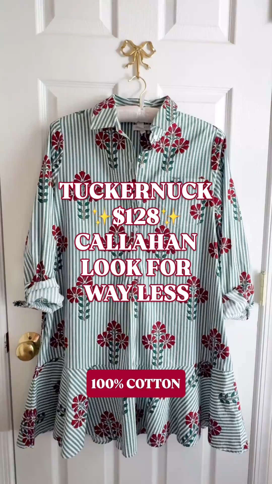Tuckernuck Callahan dress look for less | 100% cotton block print dress | preppy fall dress | fall outfits

The $128 Tuckernuck Callahan silhouette showed up for way less, and this is the kind of dress that makes August-to-fall dressing easy.

The designer connection is clear in the collared neckline, button front, relaxed mini silhouette and flounced drop hem. Crown & Ivy added green shirting stripes layered with burgundy block-print-style florals, giving it that polished Tuckernuck mix of classic prep and personality.

It is 100% cotton with long sleeves and a 35.5-inch mini length, so the fabric stays breathable now while the color story feels ready for fall. Wear it with a woven flat or block-heel sandal through late summer, then add loafers, suede flats or tall brown boots for September and October.

This is an easy answer for brunch, casual workdays, church, fall dinners, football weekends, travel and early fall outings. Add gold earrings and a structured bag, and the outfit is handled.

The cotton fabric, long sleeves and fall-forward print give it real wear-now, wear-later mileage in a transitional wardrobe.

Tuckernuck Callahan dress, Tuckernuck dress look for less, Crown and Ivy dress, Belk dress, block print dress women, floral shirtdress, green striped dress, burgundy floral dress, collared mini dress, button front dress, flounce hem dress, 100 cotton dress women, preppy fall dress, fall dresses women, early fall outfits, summer to fall transition outfit, fall brunch outfit, football weekend outfit, dress with boots outfit, Southern fall style

#LTKFindsUnder50 #PreppyStyle #LookForLess #TuckernuckStyle #FallDresses #FallOutfits #FallTransitionOutfit #BackToSchoolOutfits #TeacherOutfits #WorkOutfits

#LTKWorkwear #LTKSaleAlert #LTKSeasonal
