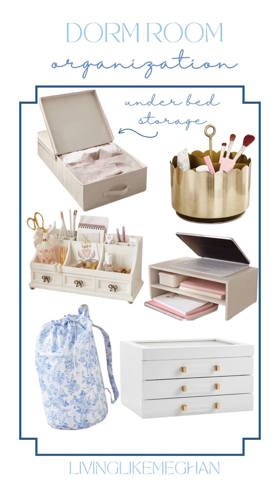 ✨ Dorm Room Organization Goals! ✨
Prepping for the new semester? 🎓 These college essentials are the perfect small space solutions to keep things organized and gorgeous!

💙 Featured Finds:
 Under bed storage to maximize your space 📦
 A chic brass makeup organizer & white jewelry box 💄
 The prettiest blue floral laundry bag 🧺
 An elegant desk organizer & laptop riser for the ultimate study setup 💻

Tap any item below to shop the look instantly! 🛍️👇

#LTKSaleAlert #LTKdayinmylife #LTKHome