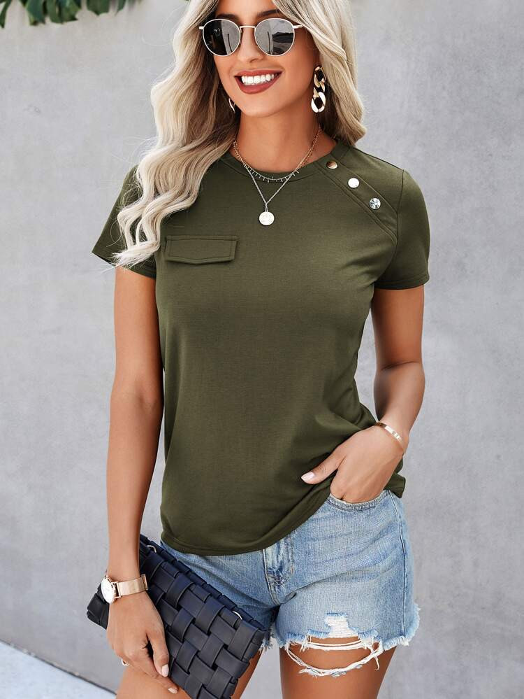 Flap Detail Fake Button Tee | SHEIN
