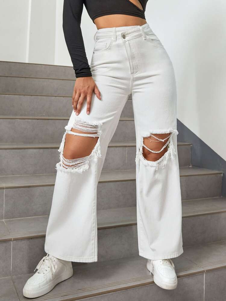 High Waist Cut Out Ripped Frayed Straight Leg Jeans | SHEIN