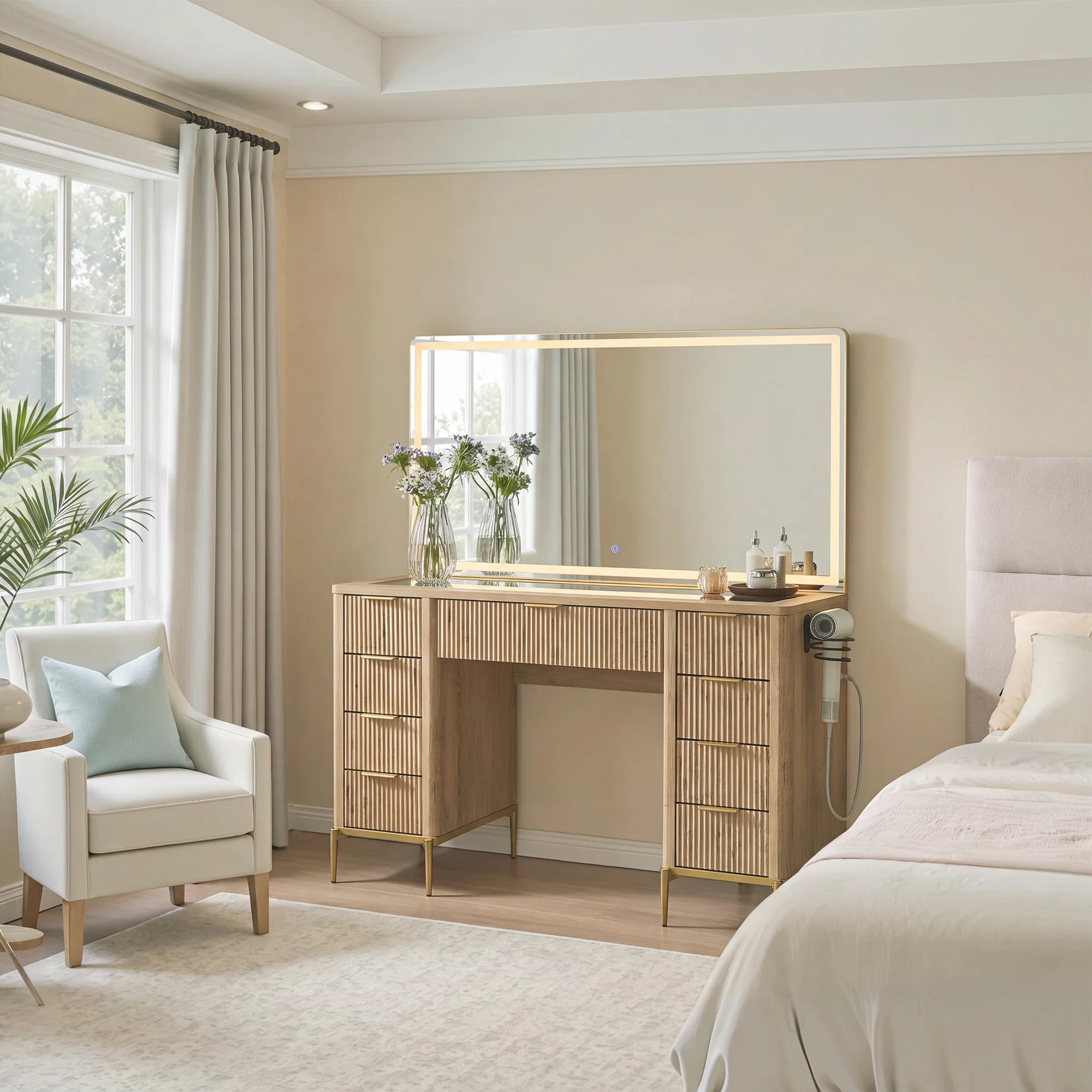 48" Modern Makeup Vanity Desk With Mirror And Lights, Makeup Vanity With 9 Drawers With Power Outlet,adjustable Lighting Dressing Table For Bedroom | Wayfair North America