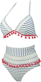 Women's Mesh Striped High Waist Bikini Set Tassel Trim Top Halter Straps Swimsuit(FBA) | Amazon (US)