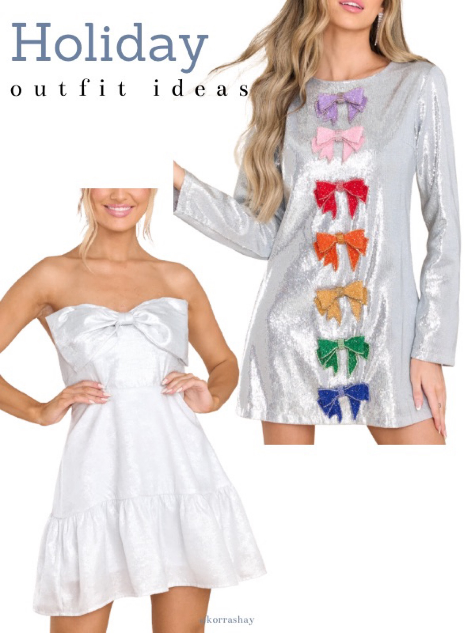 Holiday outfit ideas! Two versions of silver dresses with bows that are perfect for holiday parties! Holiday party dresses!

#LTKfit #LTKHoliday #LTKSeasonal