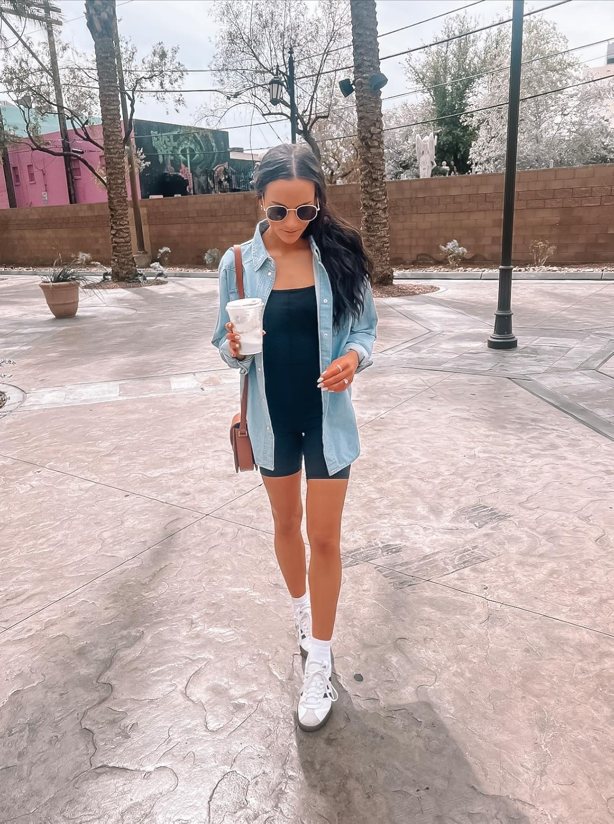 Casual spring outfit-romper in XS, sneakers true to size, button down in XS, sunglasses and earrings linked too! 

 #LTKSeasonal