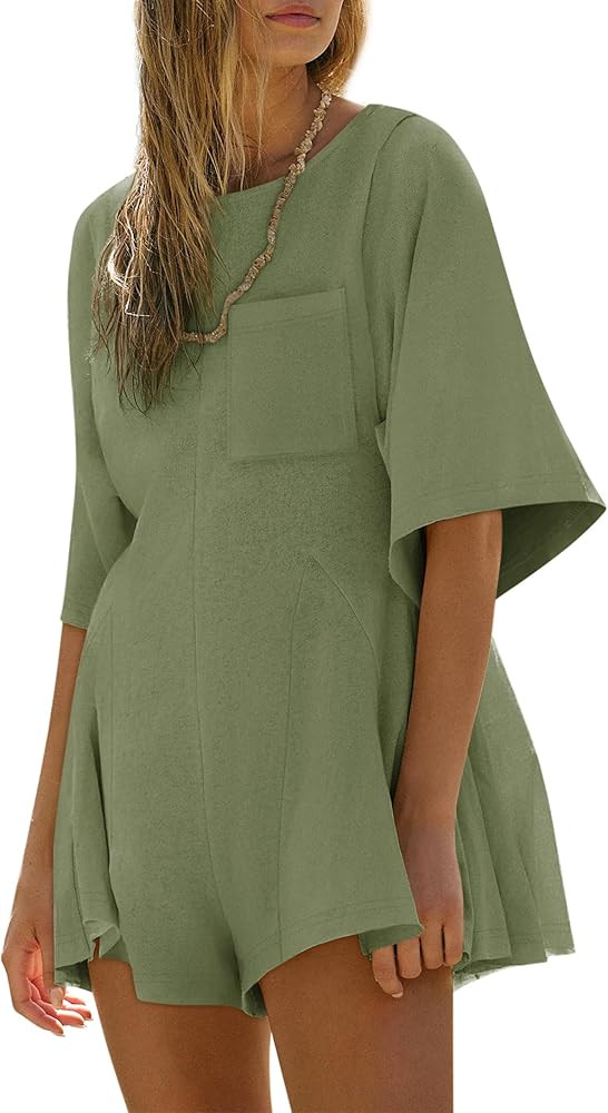 Yousify Rompers for Women Summer Outfits Slim Fit Short Sleeve Crew Neck Jumpsuits with Pocket | Amazon (US)