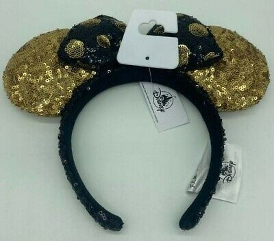 Disney Minnie Mouse Gold Sequined Ear Headband with Black and Gold Polka Dot Bow | eBay US