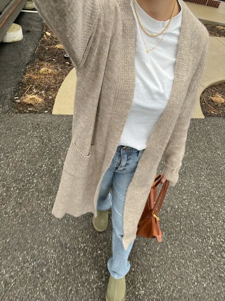 Casual outfit inspo with long knit cardigan, Ugg slippers, and tote 🤎

#LTKSeasonal #LTKshoecrush
