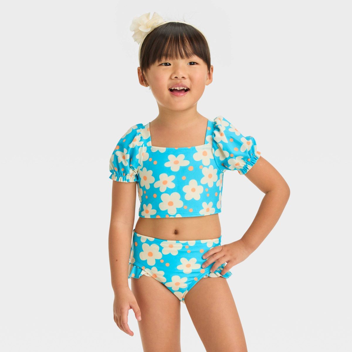 Toddler Girls' Puff Sleeve Bikini Set - Cat & Jack™ Blue 3T: Floral Print, UPF 50+ Sun Protecti... | Target