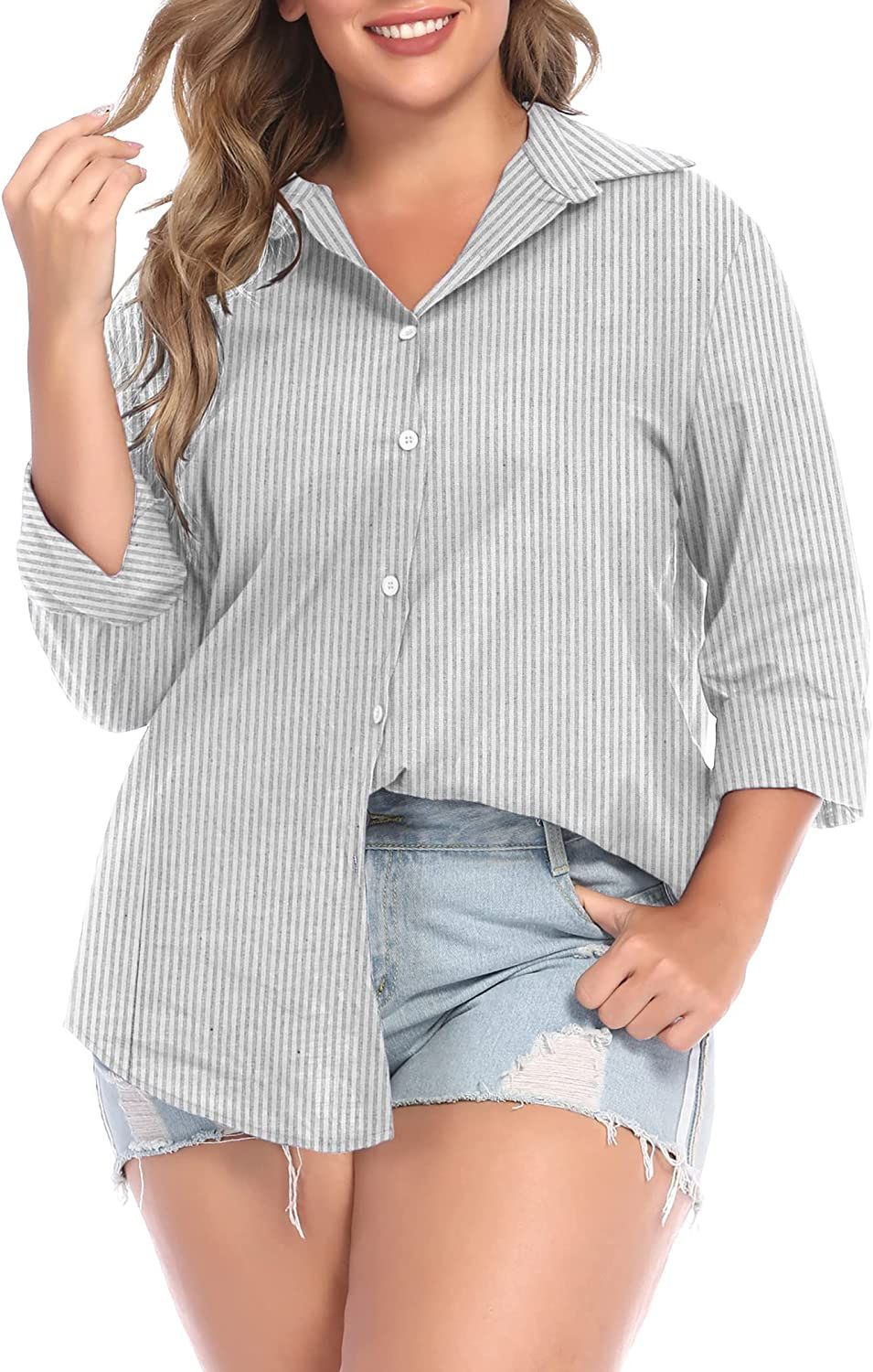 IN'VOLAND Womens Plus Size Button Down Shirt Classic Long Sleeve Button Front Shirt Women Casual ... | Amazon (US)