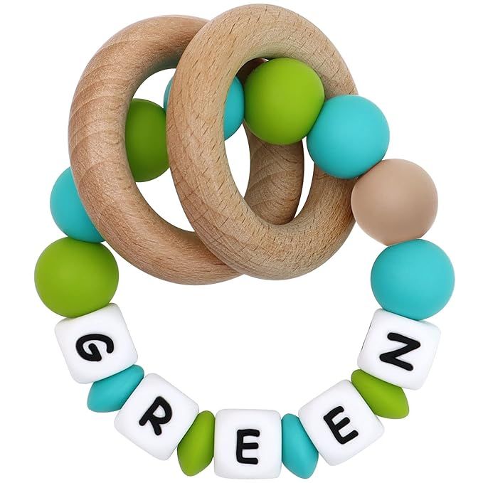 Munchewy Personalized Baby Rattle Teether Ring with Name-Turquoise/Green | Amazon (US)