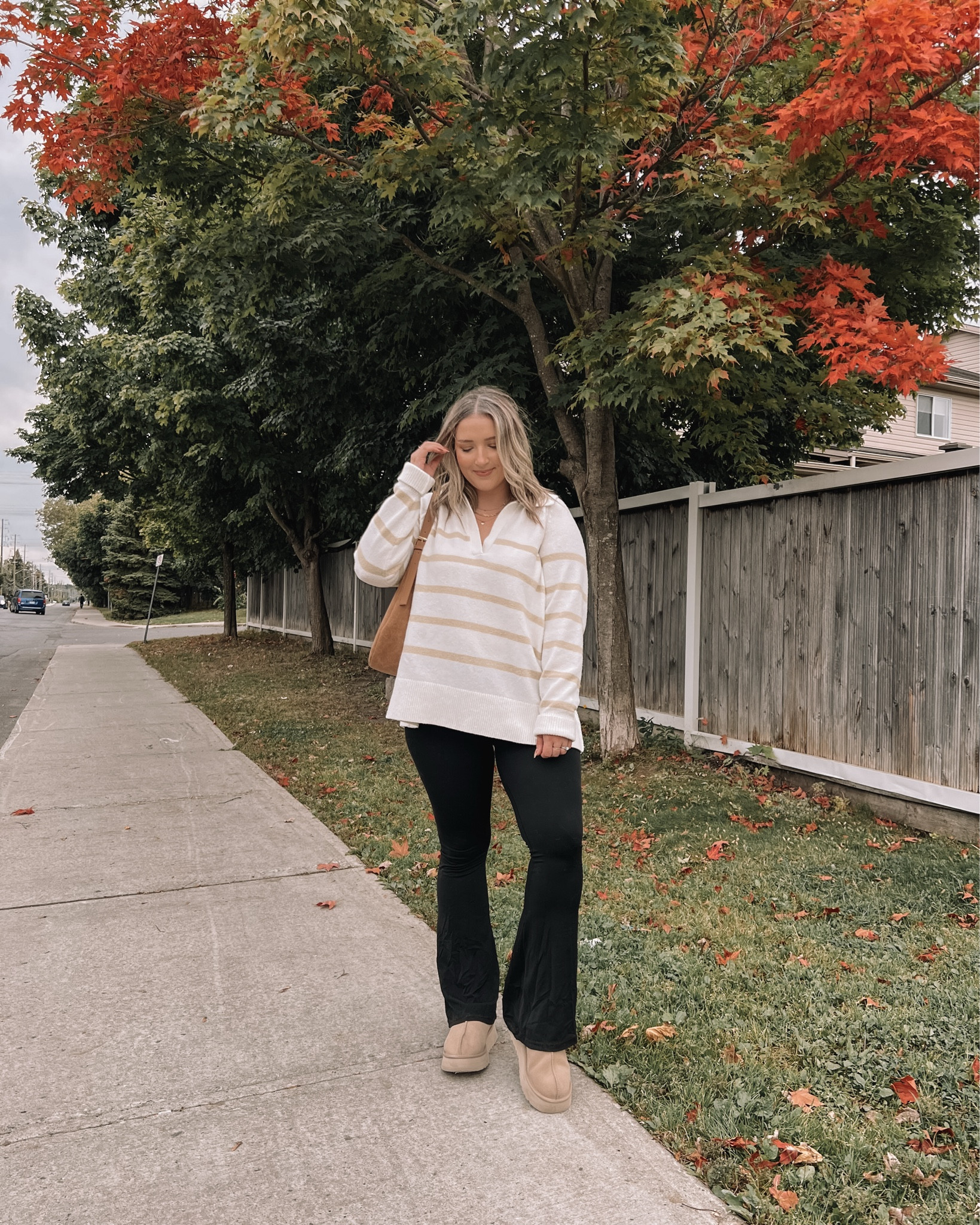 Casual midsize fall outfit from Aerie - My polo sweater is on sale for $40USD / $50CAD! I’m wearing L in the striped sweater and M in the flare leggings. I’m usually a 9.5-10 in shoes and wear a 10 in the Ugg Tazz platforms


#LTKmidsize #LTKcanada #LTKautumn