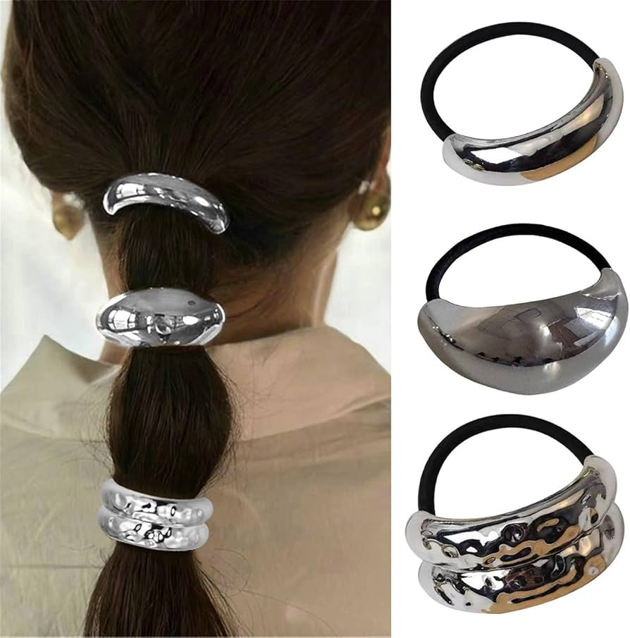 papasgix 3 PCS Metal Hair Tie, Ponytail Hair Cuff, Gold Hair Cuff, Gold Ponytail Cuff Silver Meta... | Amazon (US)