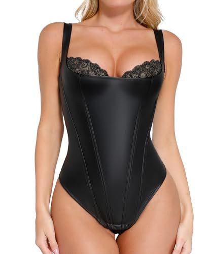 Popilush Faux Leather Shapewear Bodysuit Lace Body Suits for Womens Tummy Control Corset Tops Tho... | Amazon (US)