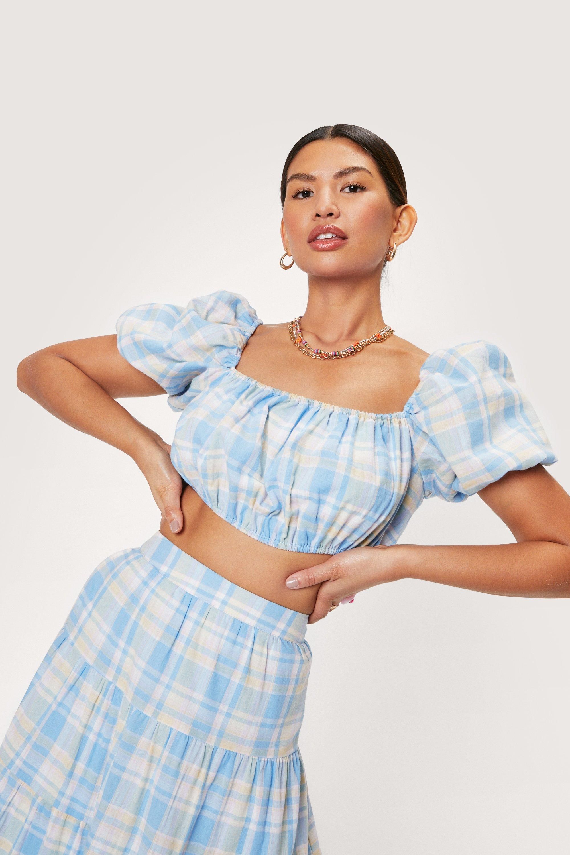 Puff Sleeve Check Print Square Neck Crop Top | Nasty Gal (US)