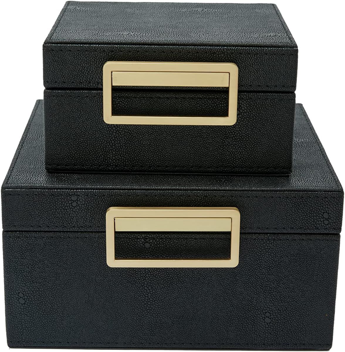 Faux Black Shagreen Leather Set of 2 Square Keepsake Boxes, Decorative Storage boxes, Dresser Org... | Amazon (US)