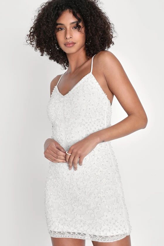 Luxe Sensation White Sequin Pearl Lace-Up Mini Bodycon Dress | Lulus (US)