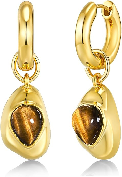 18K gold plated Brown Dainty Minimalistic Tiger Eye Geometric Vertical Drop Chunky Tigers Eye Gem... | Amazon (US)