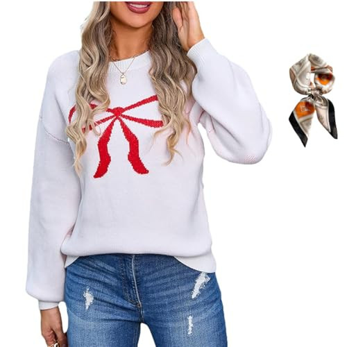 Womens Bow Print Knit Sweater,Oversized Long Sleeve Crewneck Knitted Pullover,Cute Aesthetic Jumper Top Streetwear | Amazon (US)
