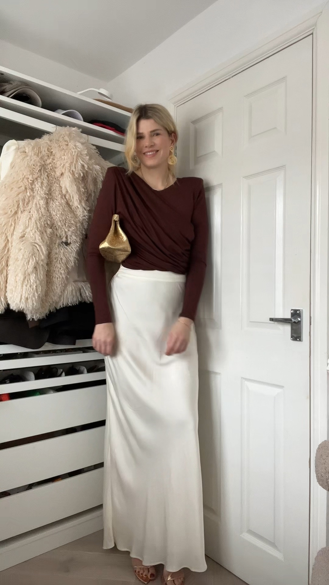 Christmas party outfit, Christmas outfit, holiday dressing, holiday party outfit, maxi skirt, brown bodysuit, Aquazzura heels, gold clutch, demellier clutch 

#LTKwinter #LTKstyletip #LTKCyberWeek