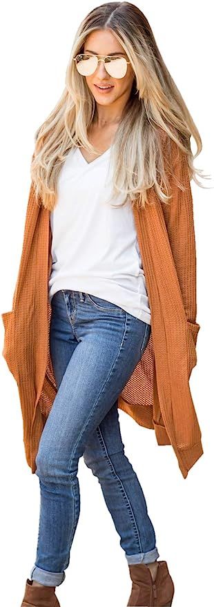 Tickled Teal Women's Long Sleeve Knit Open Front Sweater Cardigan with Pockets | Amazon (US)