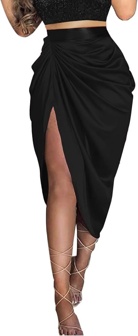 Vrtige Women's Satin Silk Ruched Asymmetrical Split Thigh High Waist Bodycon Midi Skirt | Amazon (US)