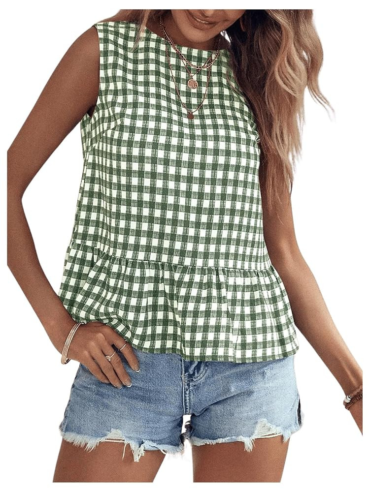 Floerns Women's Gingham Print Sleeveless Round Neck Ruffle Hem Peplum Blouse Top | Amazon (US)