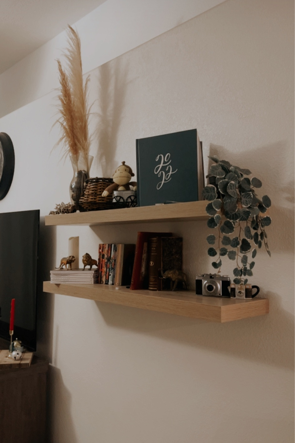 IKEA floating shelves called “LACK
Wall shelf, oak effect, 43 1/4x10 1/4” on the US site

#LTKFind #LTKhome #LTKSeasonal