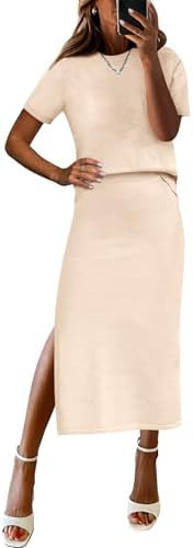 ANRABESS 2 Piece Skirts Sets For Women Summer Casual 2025 Striped Sweater Short Sleeve Tops Midi ... | Amazon (US)