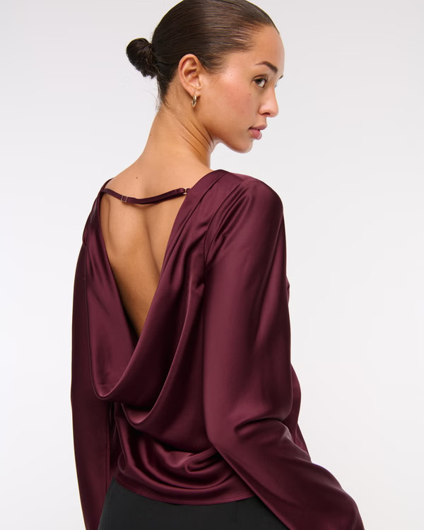 Long-Sleeve Satin Cowl-Back Top | Abercrombie & Fitch (US)