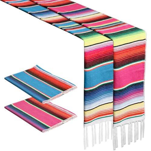 2PCS Mexican Table Runners, 14 x 86 Inch Cinco De Mayo Party Decorations, Rainbow Colors Mexican Fiesta Table Runner for Boho Mexican Theme Party Picnics Table Decor | Amazon (US)