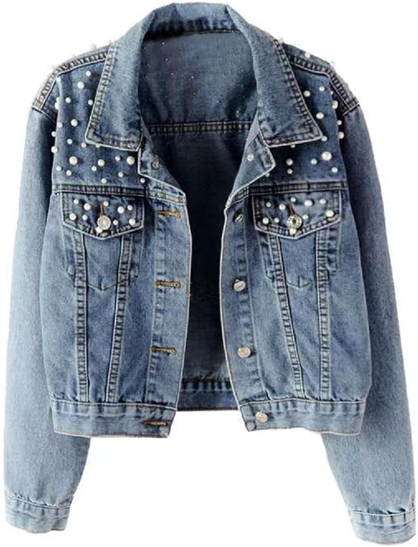 Oversize Pearl Embroidered Women's Ripped Distressed Casual Long Sleeve Denim Jacket Coat | Amazon (US)
